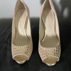Audrey Brooke Cream Woven Peep-Toe Heels
